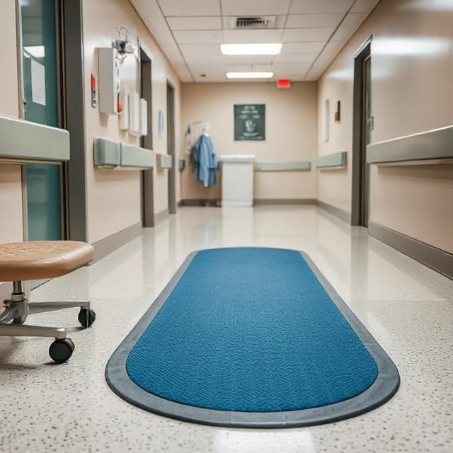 A hospital hallway with a blue rug on the floor