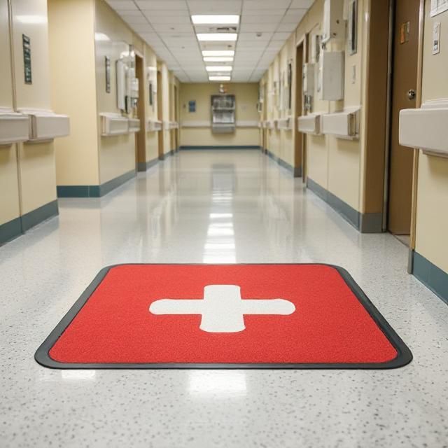 A hospital hallway with a red mat with a white cross on it