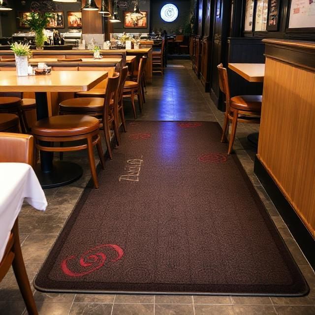 A restaurant with tables and chairs and a rug that says ' dash ' on it