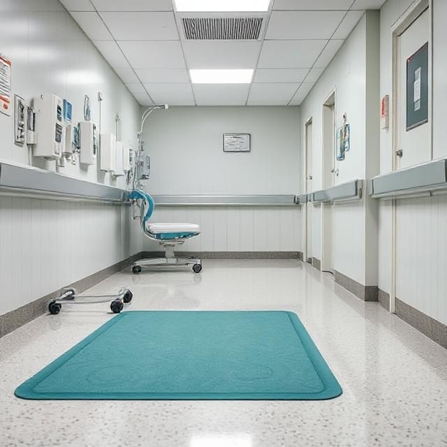 A hospital hallway with a blue rug on the floor