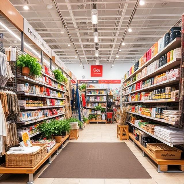 The inside of a grocery store with lots of shelves