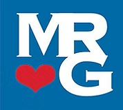 White “MR” and “G” letters with a red heart between them on a blue background.