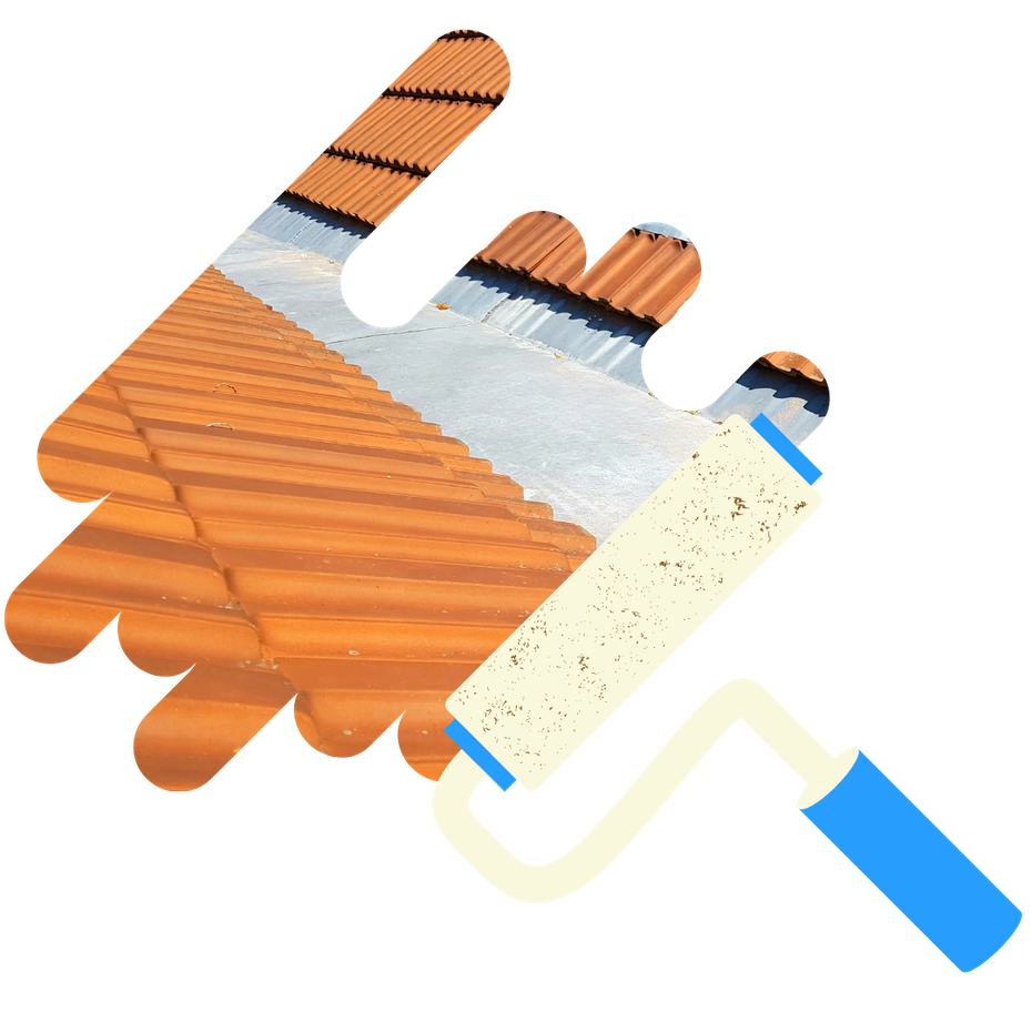 A hand is holding a paint roller with a roof in the background.