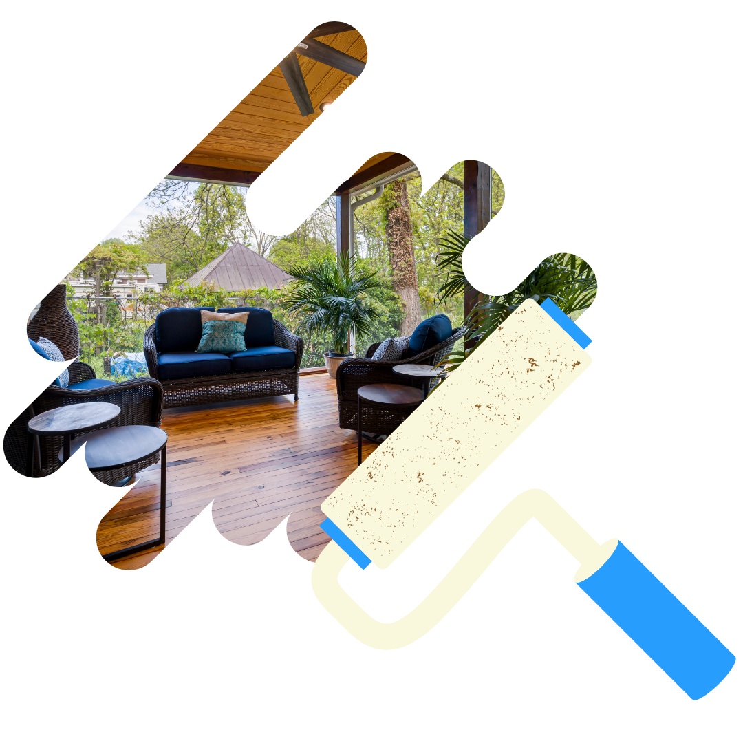 A picture of a house with a paint roller in front of it.