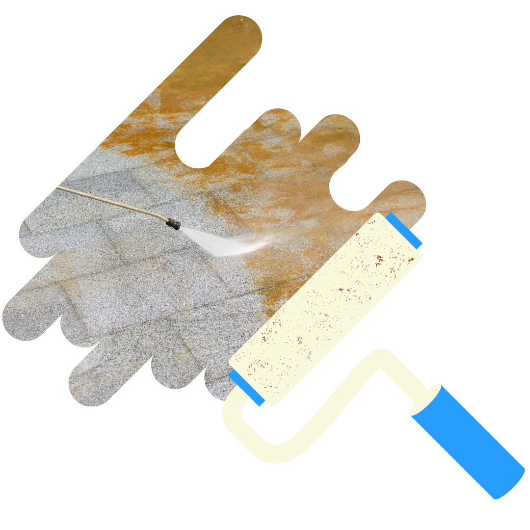 A picture of a house with a paint roller in front of it.