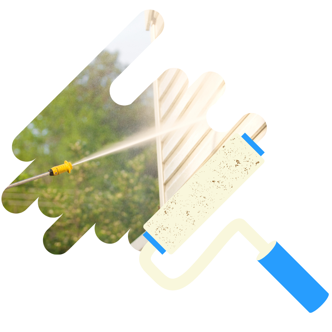 A picture of a house with a paint roller in front of it.
