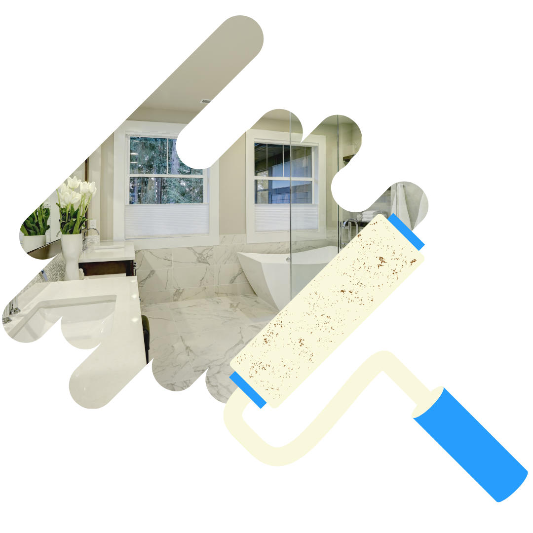 A picture of a house with a paint roller in front of it.