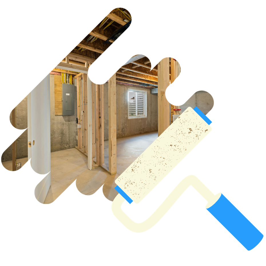 A picture of a room being painted with a paint roller.