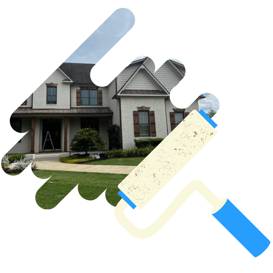 A picture of a house with a paint roller in front of it