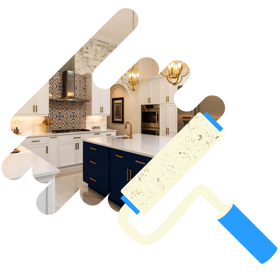 A kitchen with blue cabinets and white cabinets and a paint roller.
