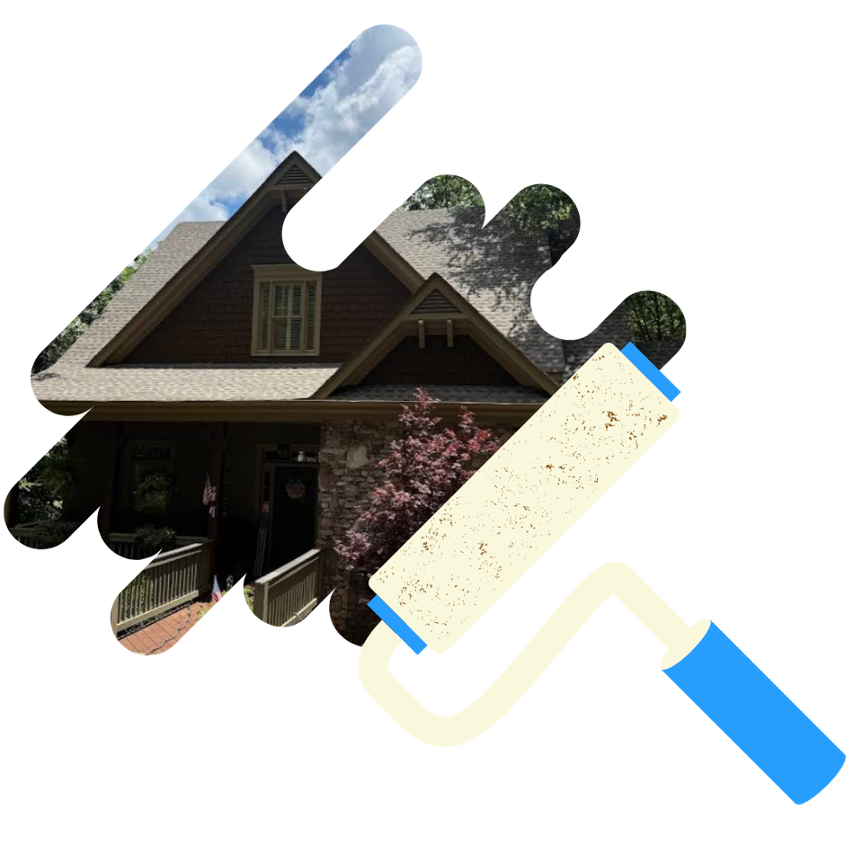A picture of a house with a paint roller in front of it
