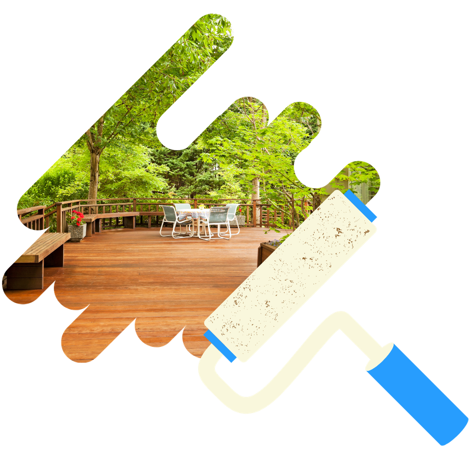 A paint roller is being used to paint a wooden deck.