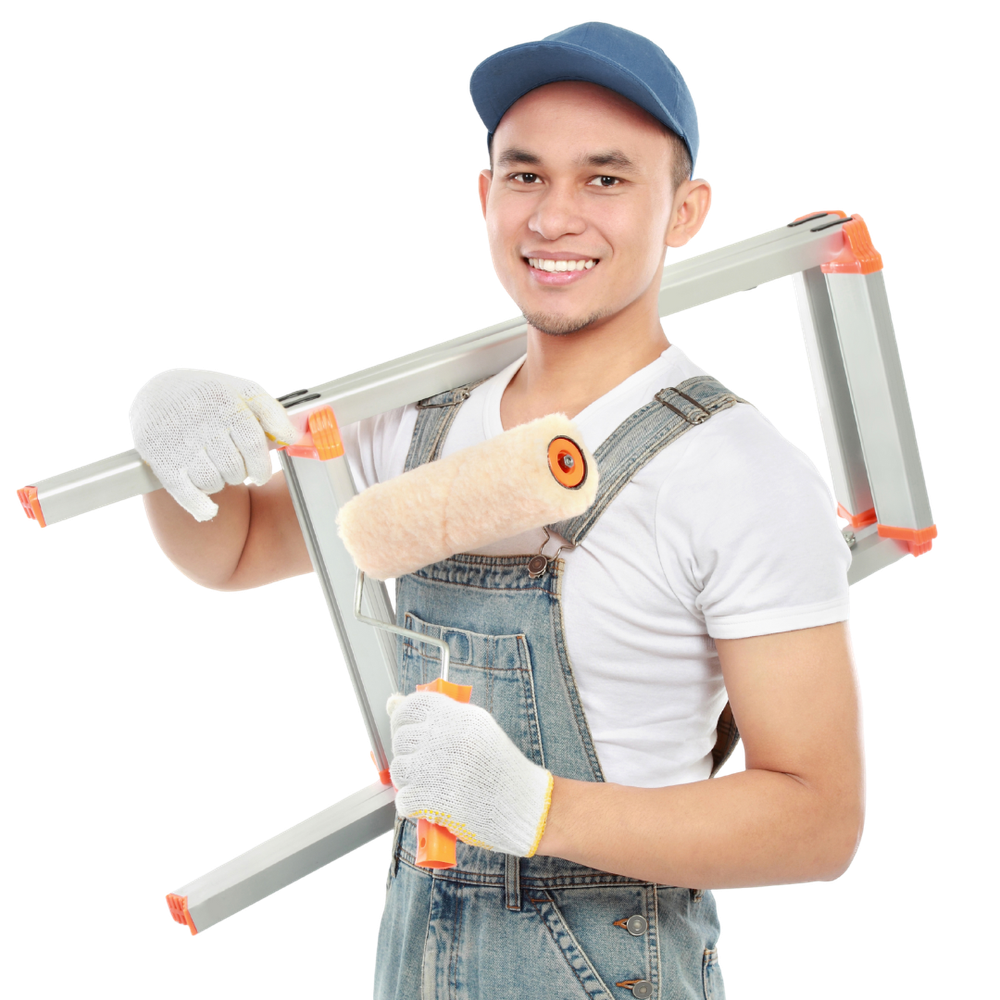 A man is holding a ladder and a paint roller