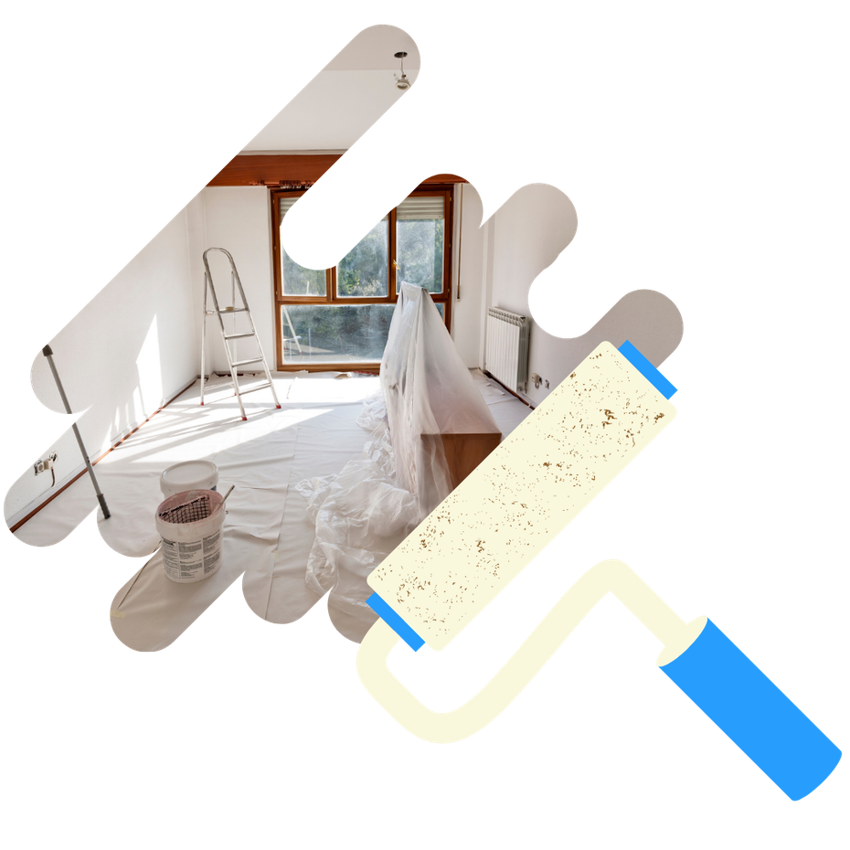 A picture of a room being painted with a paint roller.