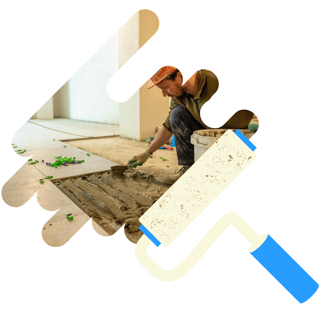 A picture of a house with a paint roller in front of it.