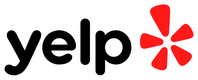 A yelp logo with a red star on a white background.