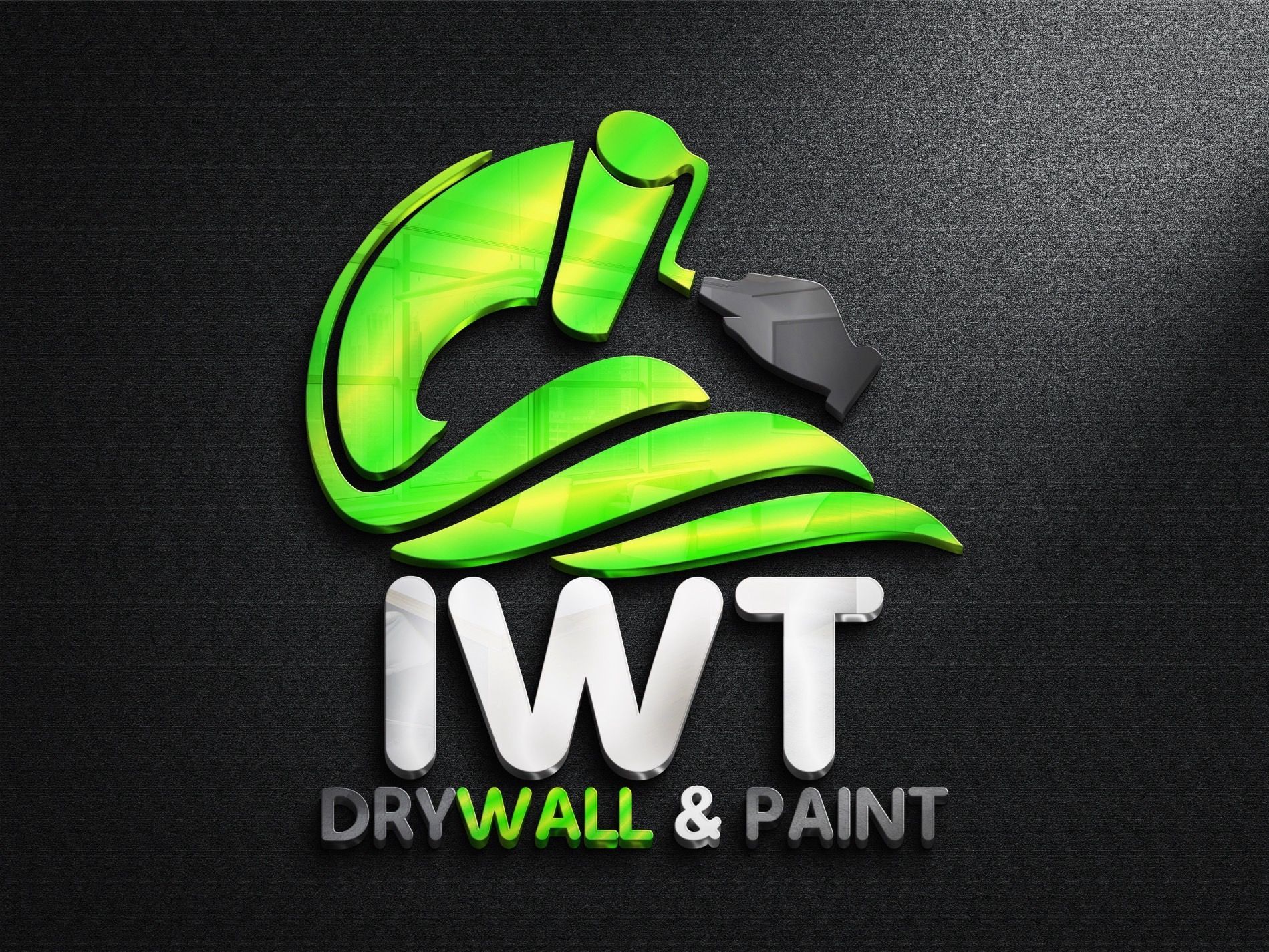A logo for iwt drywall and paint on a black background