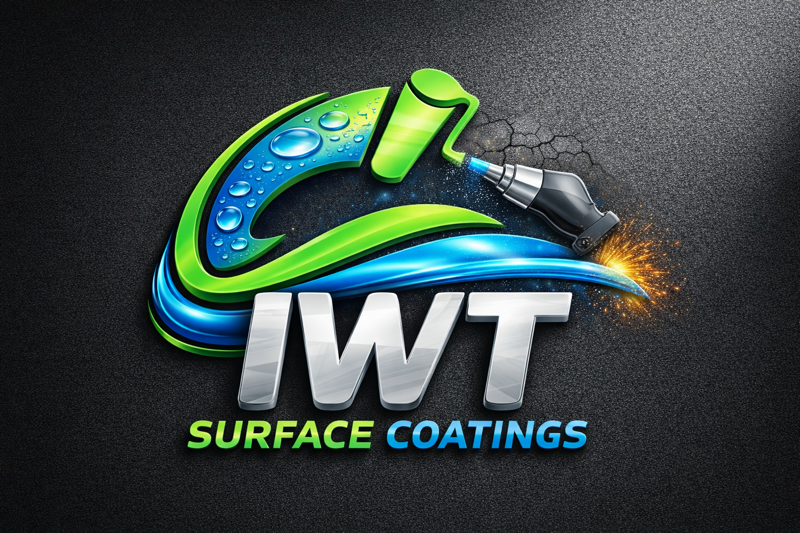 A logo for iwt drywall and paint on a black background