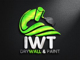 A logo for iwt drywall and paint on a black background