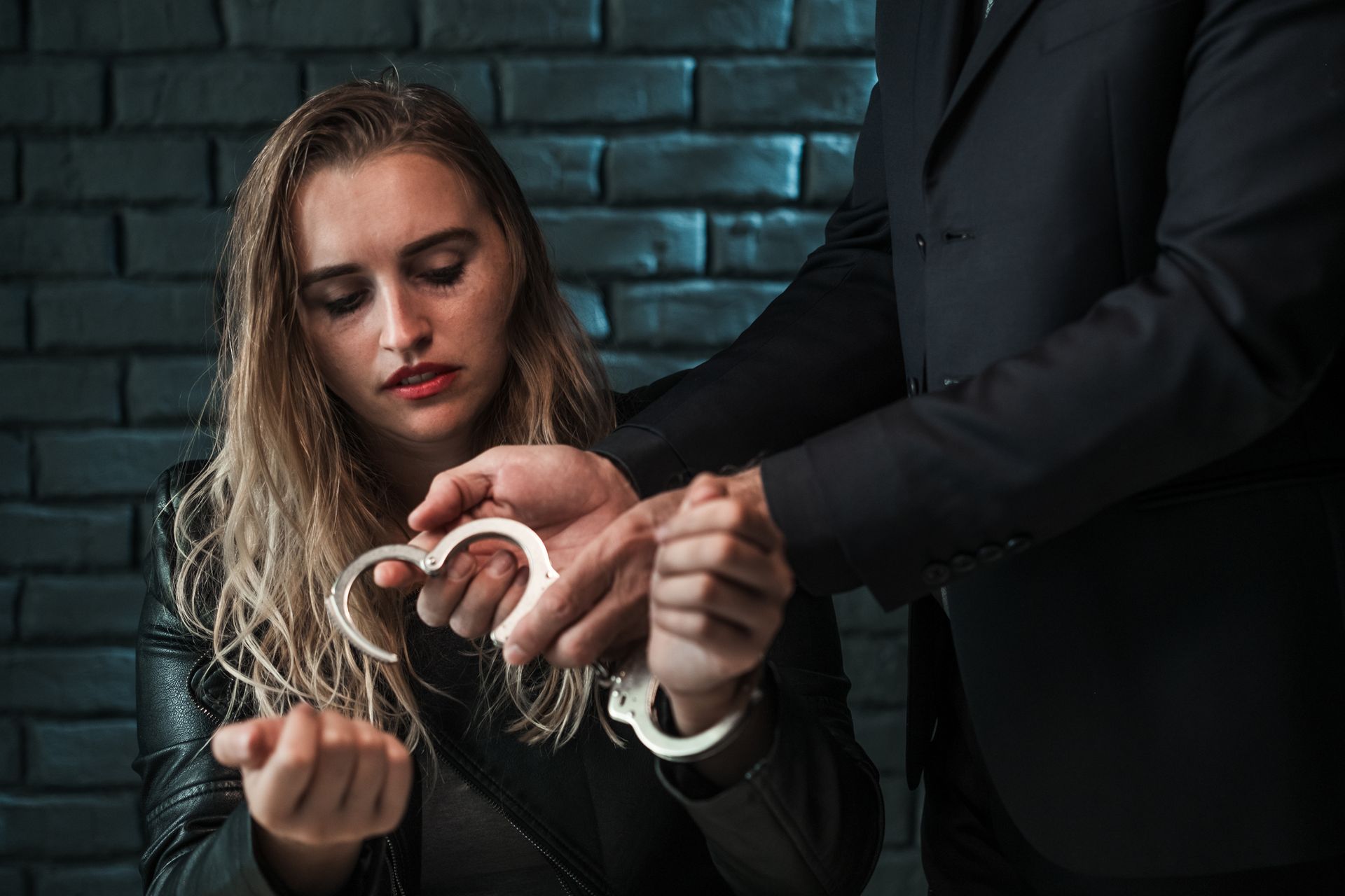 Young woman being arrested by detective.