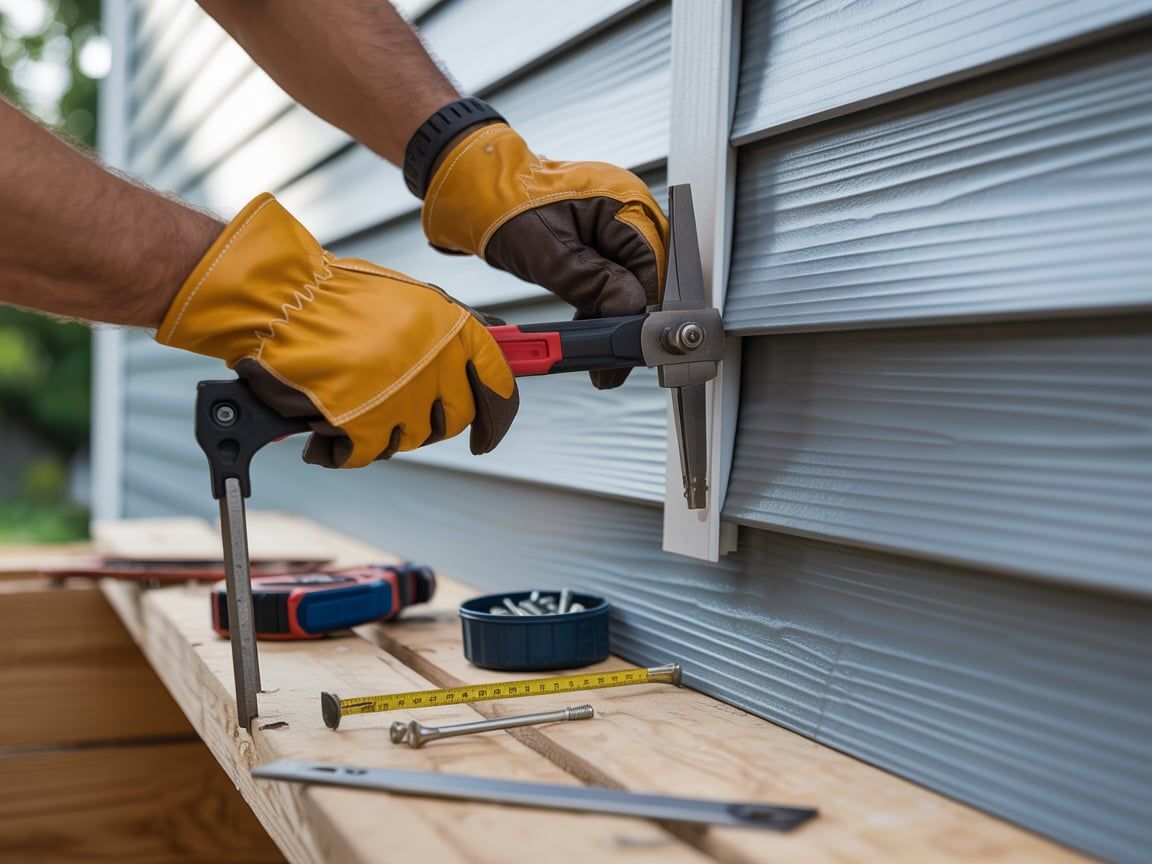 Person in yellow gloves using a hammer to attach siding to a house.