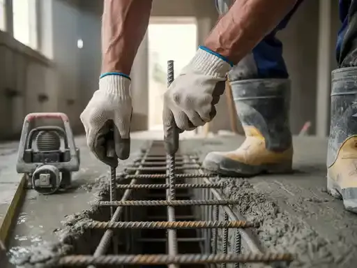 Construction worker placing rebar grid into wet concrete floor. Wearing work boots, gloves, using a leveling tool.