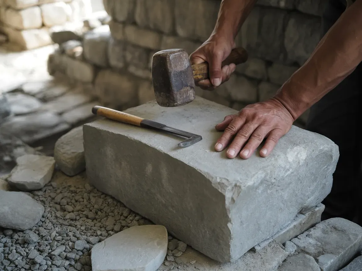 Hands chiseling stone with a hammer and chisel. The setting is a stone workshop.