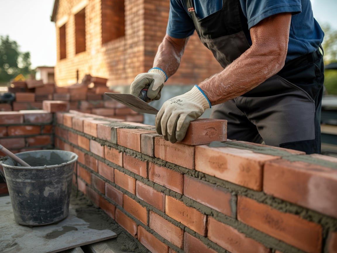 Bricklayer using a trowel to lay bricks, building a wall outdoors.
