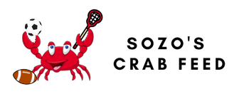 The logo for sozo 's crab feed shows a crab holding a tennis racquet and a football.