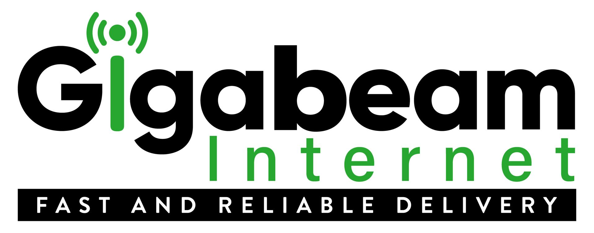 The logo for gigabeam internet is black and green and says fast and reliable delivery.