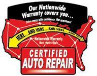 A certified auto repair logo with a map of the united states on it.