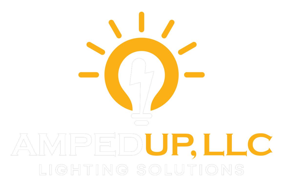 Logo: Yellow lightbulb radiating light, with "Amped Up, LLC" and "Lighting Solutions" in white text.
