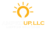 Logo: Yellow lightbulb radiating light, with "Amped Up, LLC" and "Lighting Solutions" in white text.