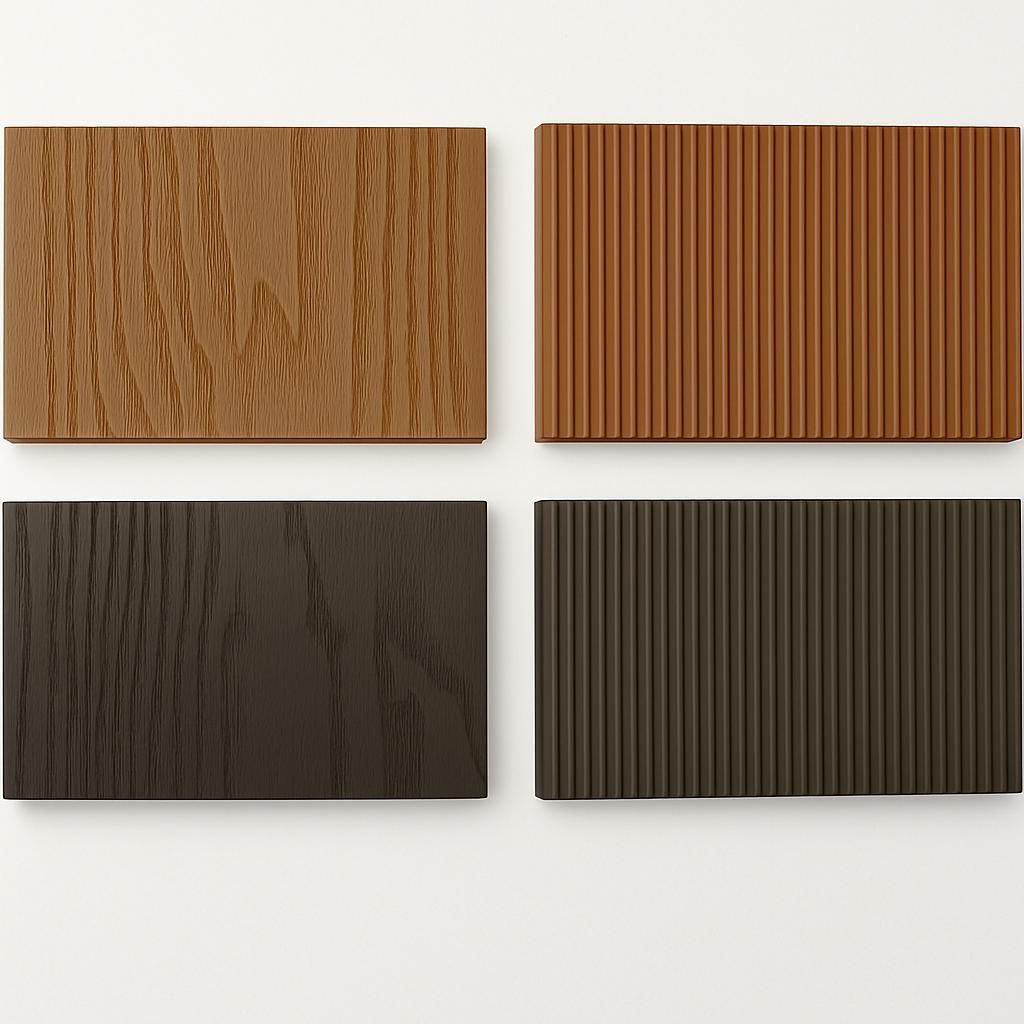 Se muestran tres tonos diferentes de madera, incluidos chocolate gris y naranja.