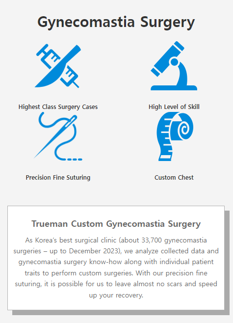 Custom breast surgery at TRUEMAN Medical Center with continuous research, competitive medical staff, and expert gynecomastia treatment by Chief Director Dr. Yang Ki-hoon.