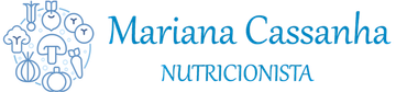 O logotipo da Nutricionista "Mariana Cassanha" inclui um círculo de vegetais com linhas azuis ao redor do nome.