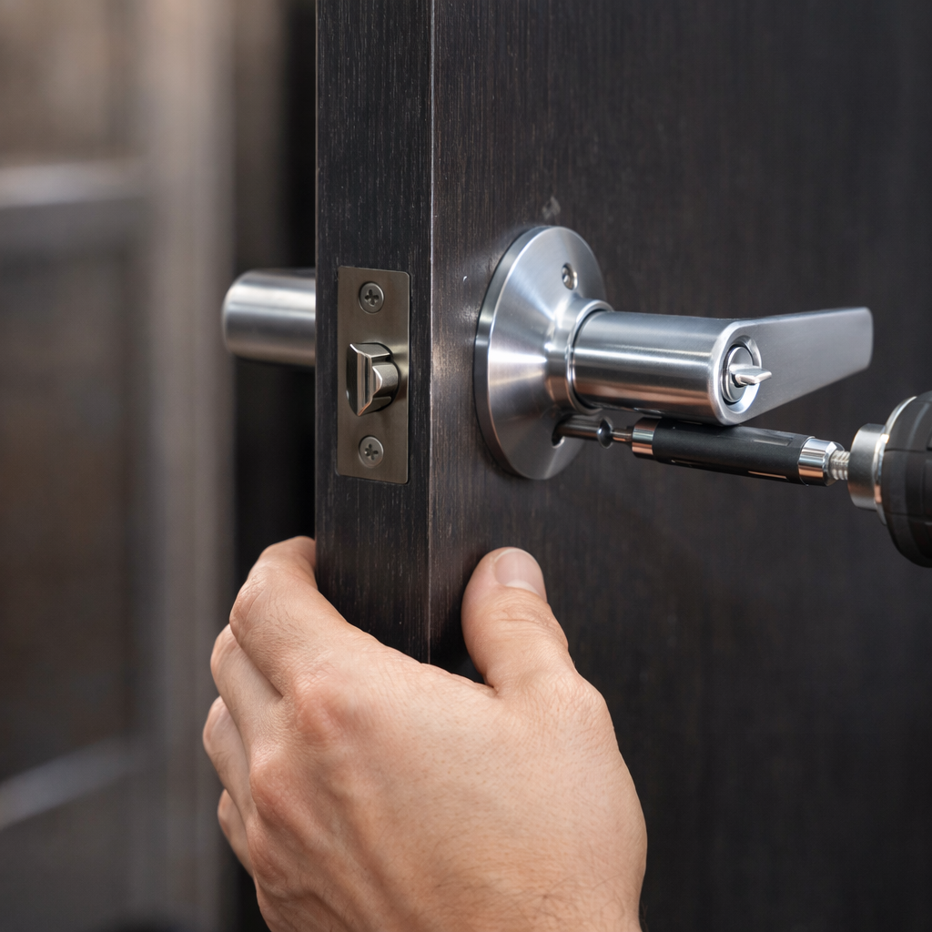 A person uses a power screwdriver to install a silver lever door handle onto a dark wood door.