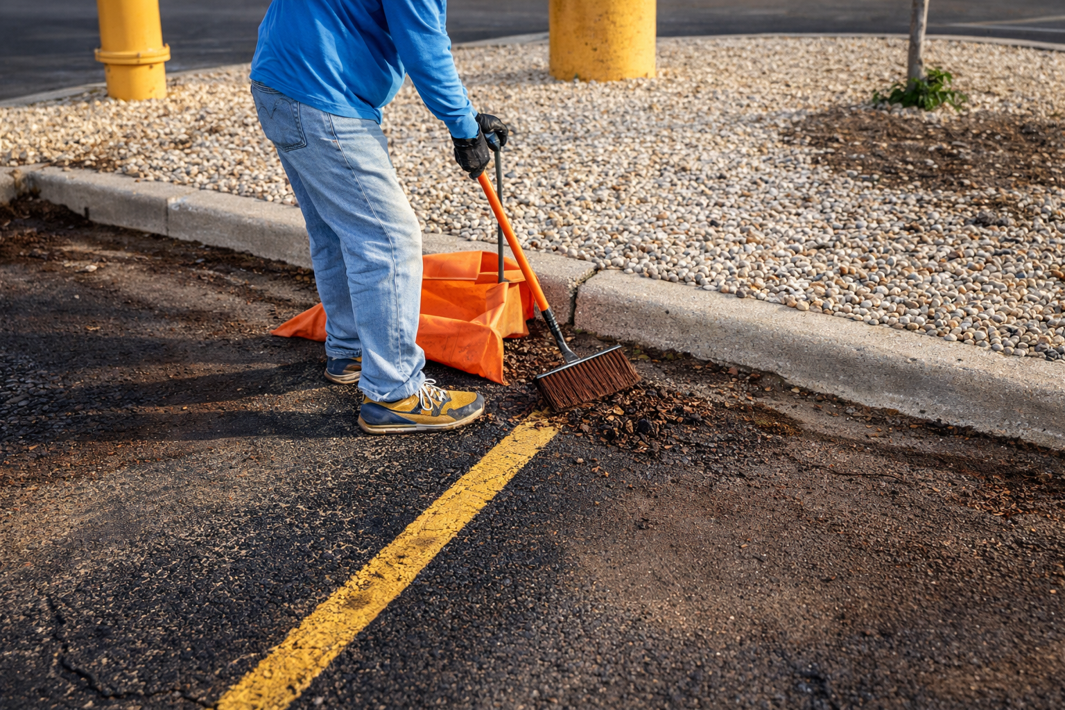 A person in a blue shirt and jeans uses a long-handled tool to sweep debris from an asphalt parking lot into a bag.