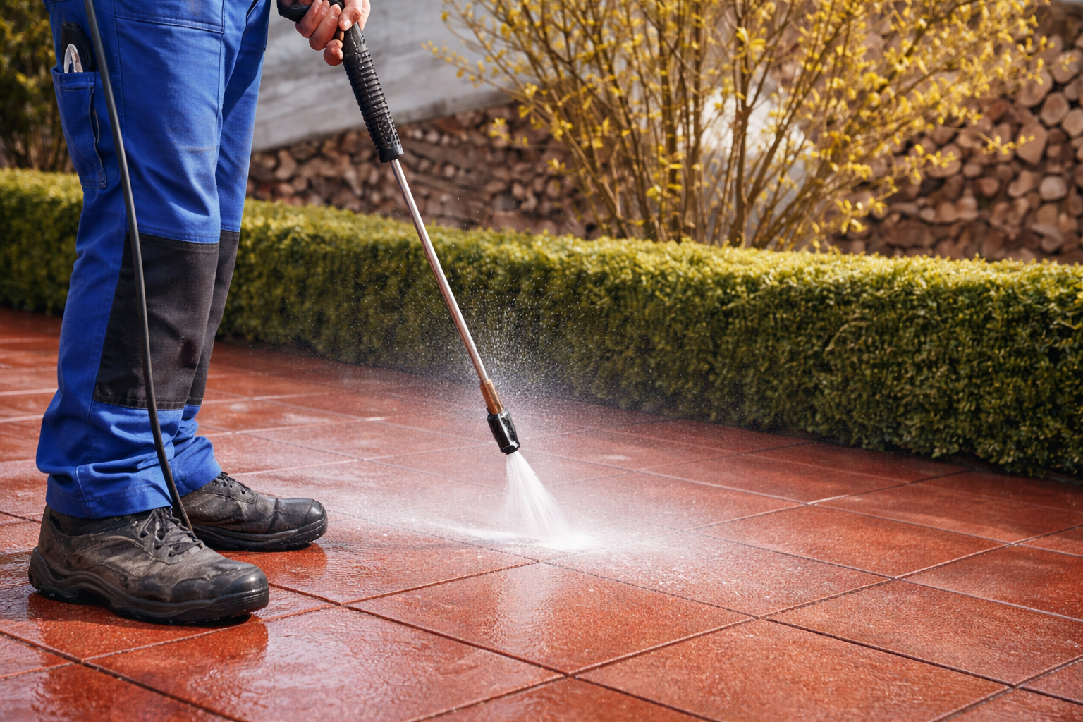 A person in blue work pants pressure washes red patio tiles outdoors next to a green hedge.