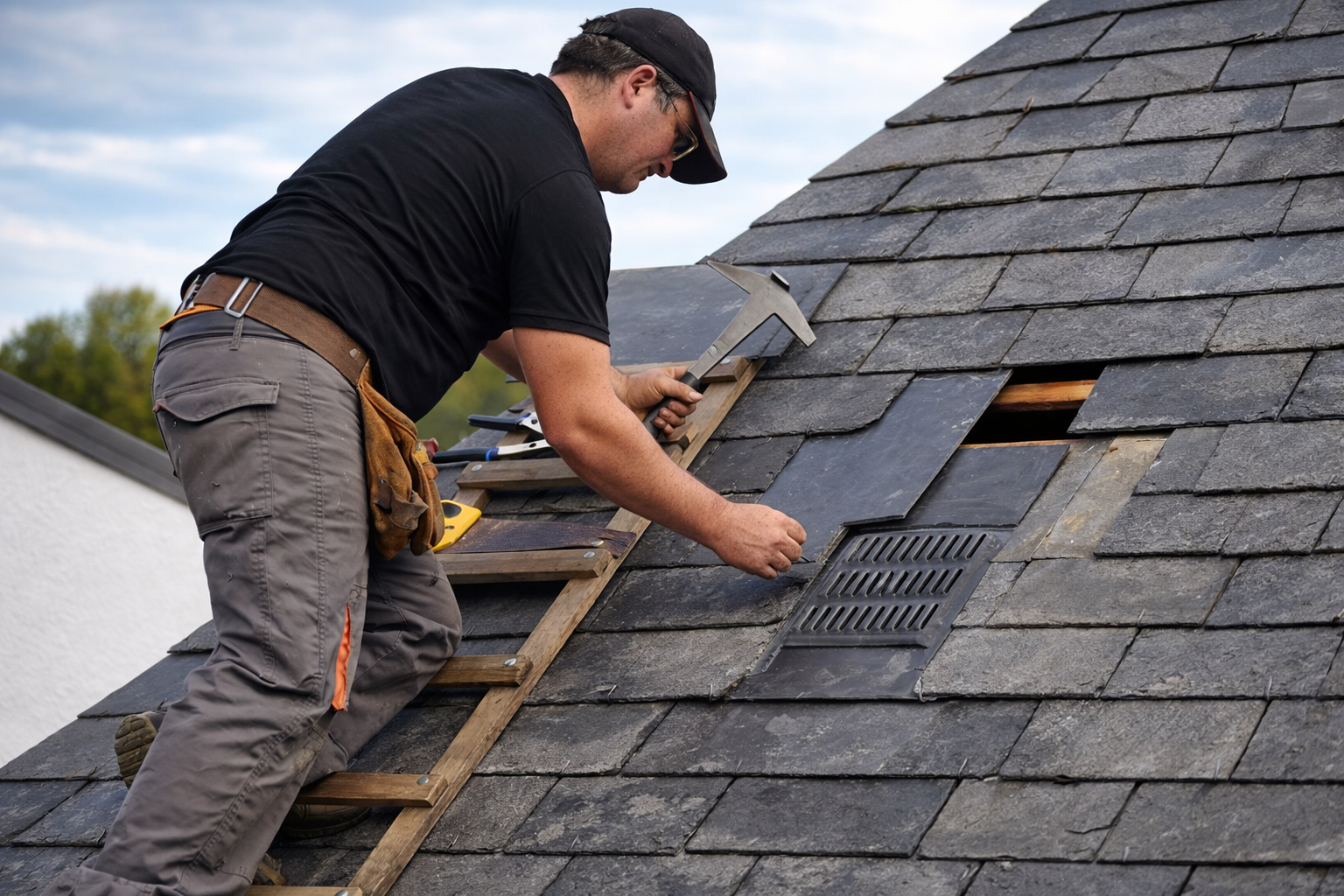A person wearing a black t-shirt and grey pants uses a hammer to replace dark slate tiles on a roof.
