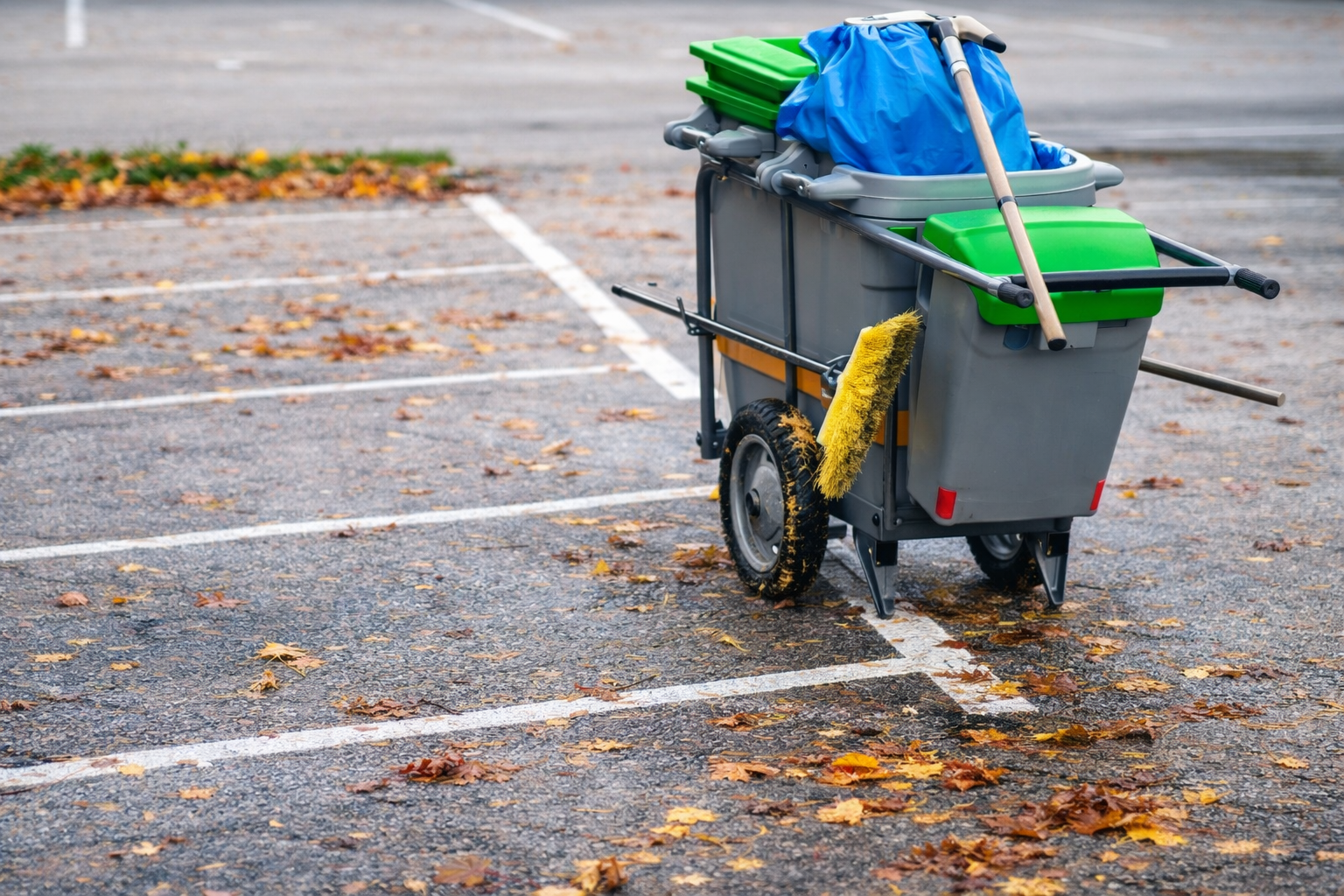 A grey janitorial cart with green bins and a blue bag sits on an asphalt parking lot scattered with autumn leaves.