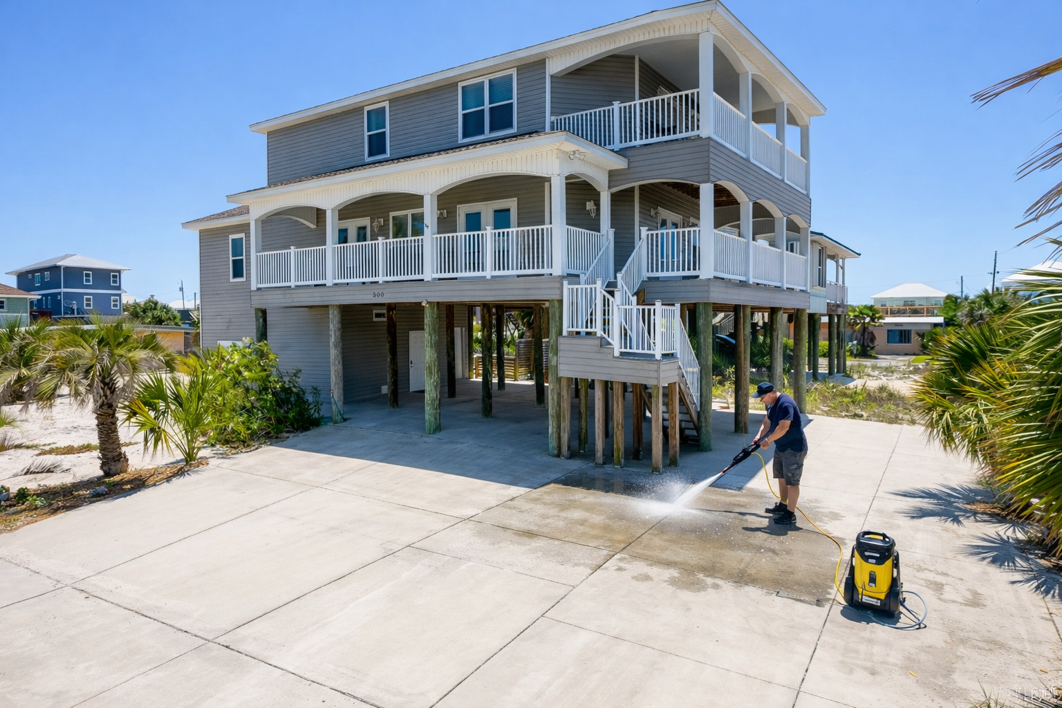 A person pressure washes a concrete driveway underneath a multi-story beach house on stilts on a sunny day.