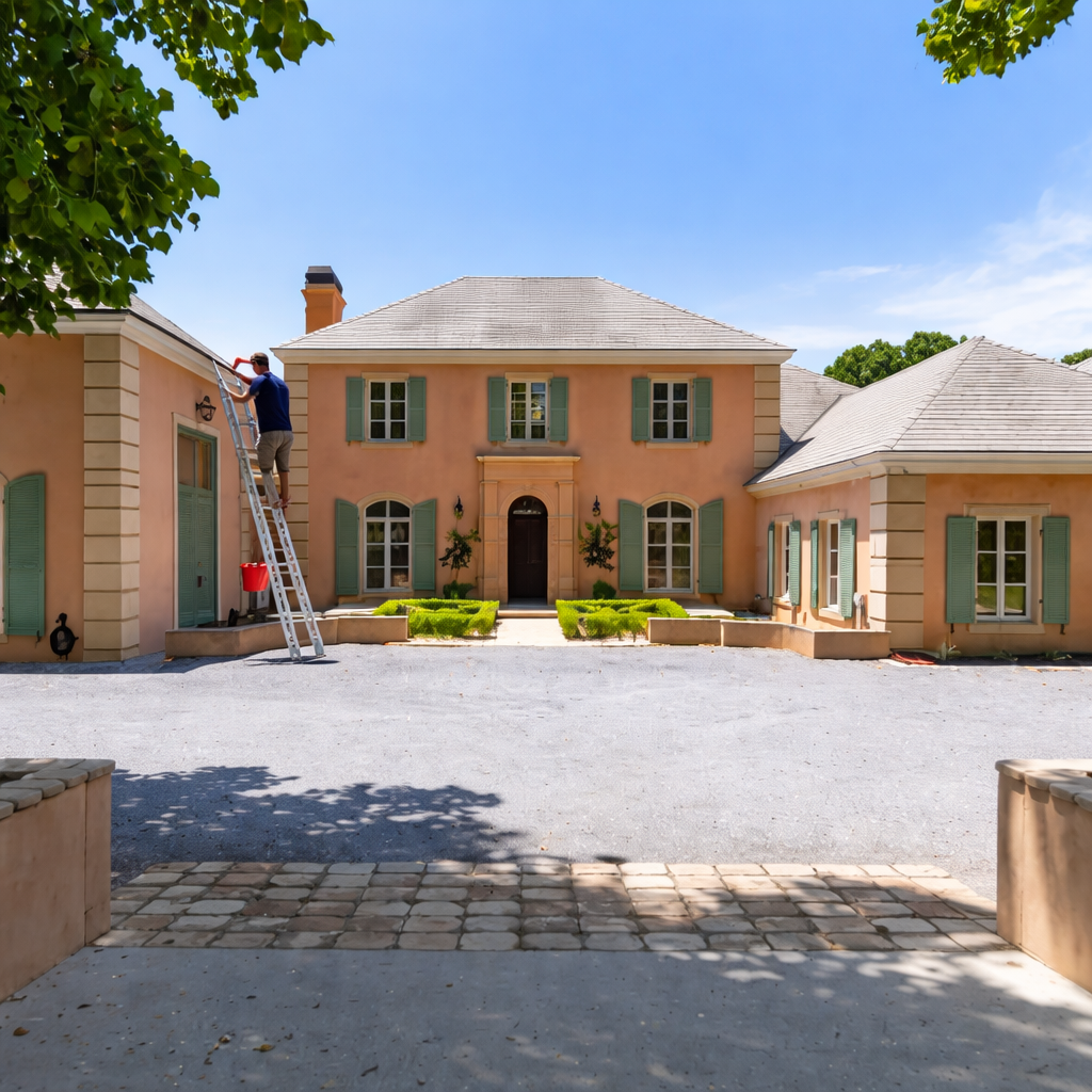 A peach-colored, two-story house with green shutters, a gravel driveway, and a person on a ladder working on the exterior.