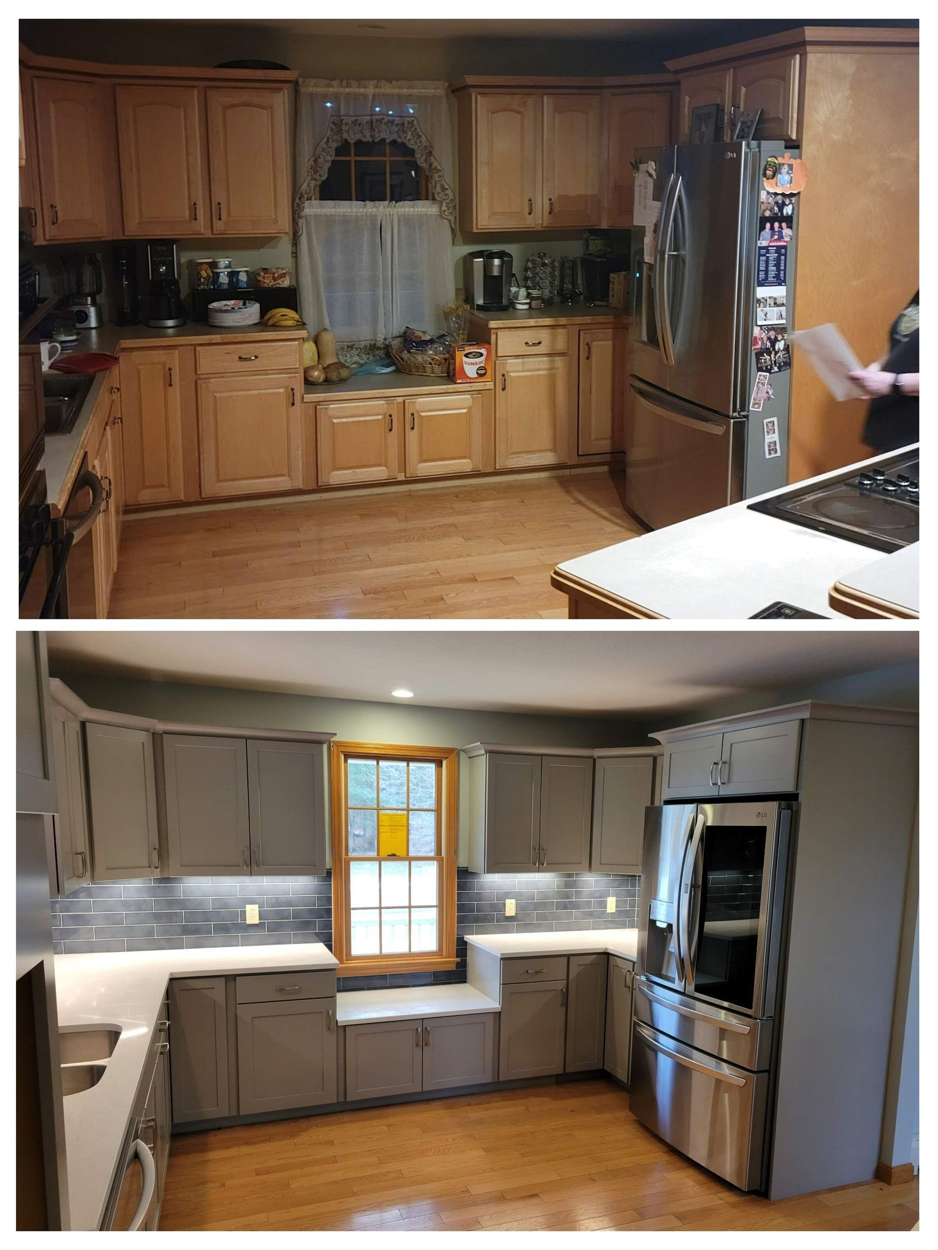 Kitchen before and after renovation. Light wooden cabinets in the first photo, gray cabinets and new lighting in the second.
