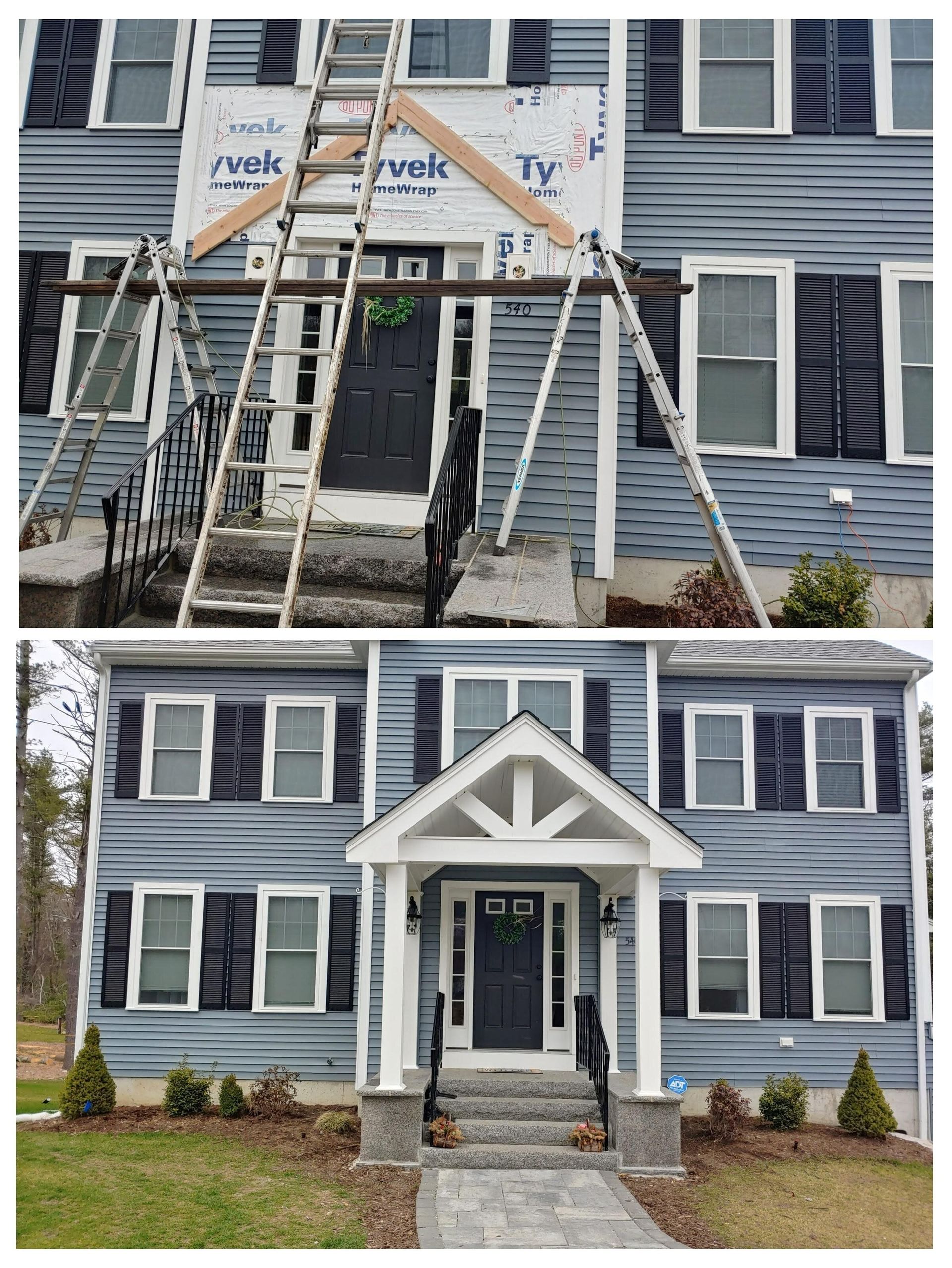 House renovation: top view shows unfinished siding, ladder; bottom view shows completed facade with new porch.