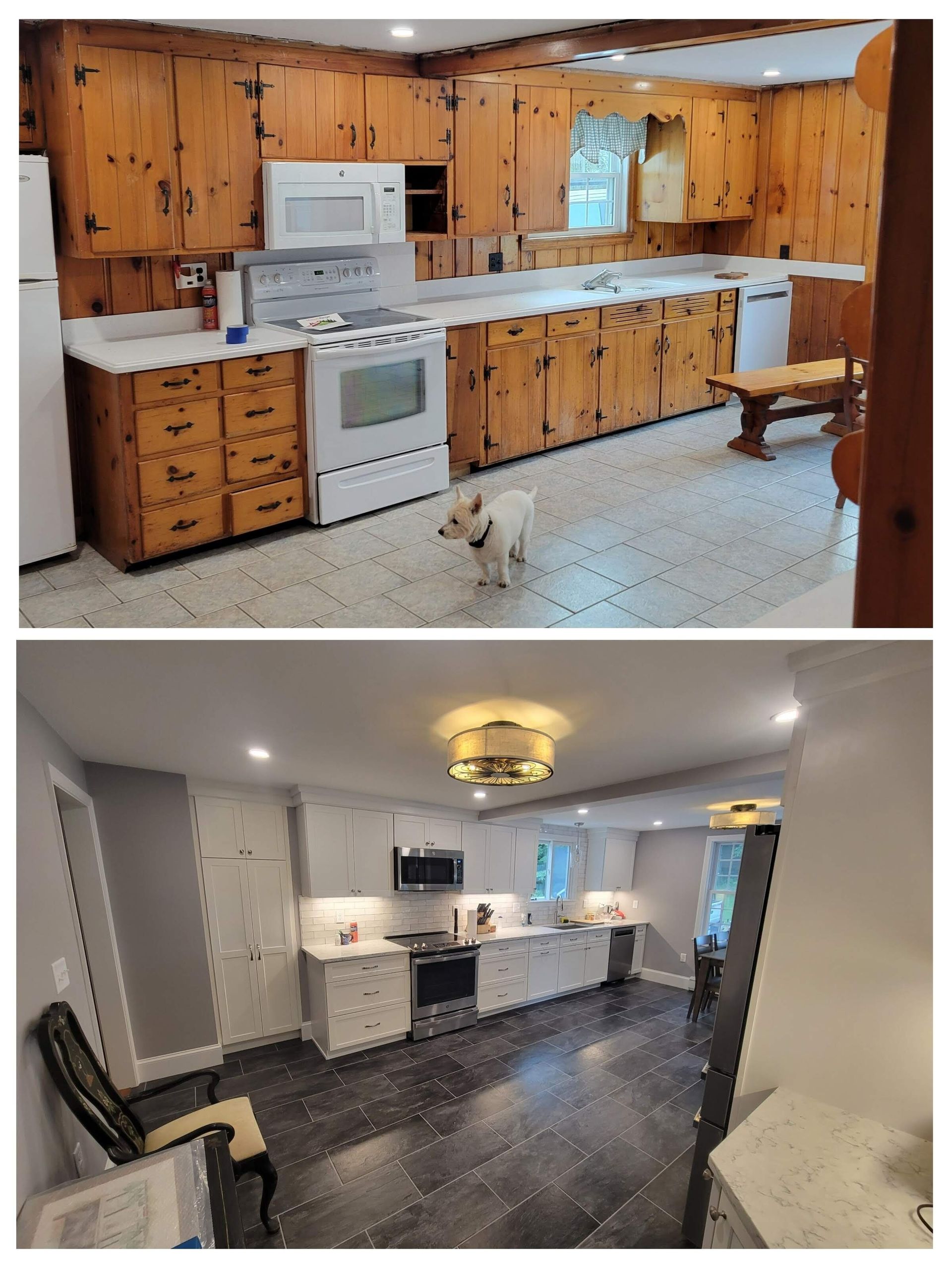 Kitchen renovation: before and after. Old wood cabinets replaced with white, new flooring, updated appliances.