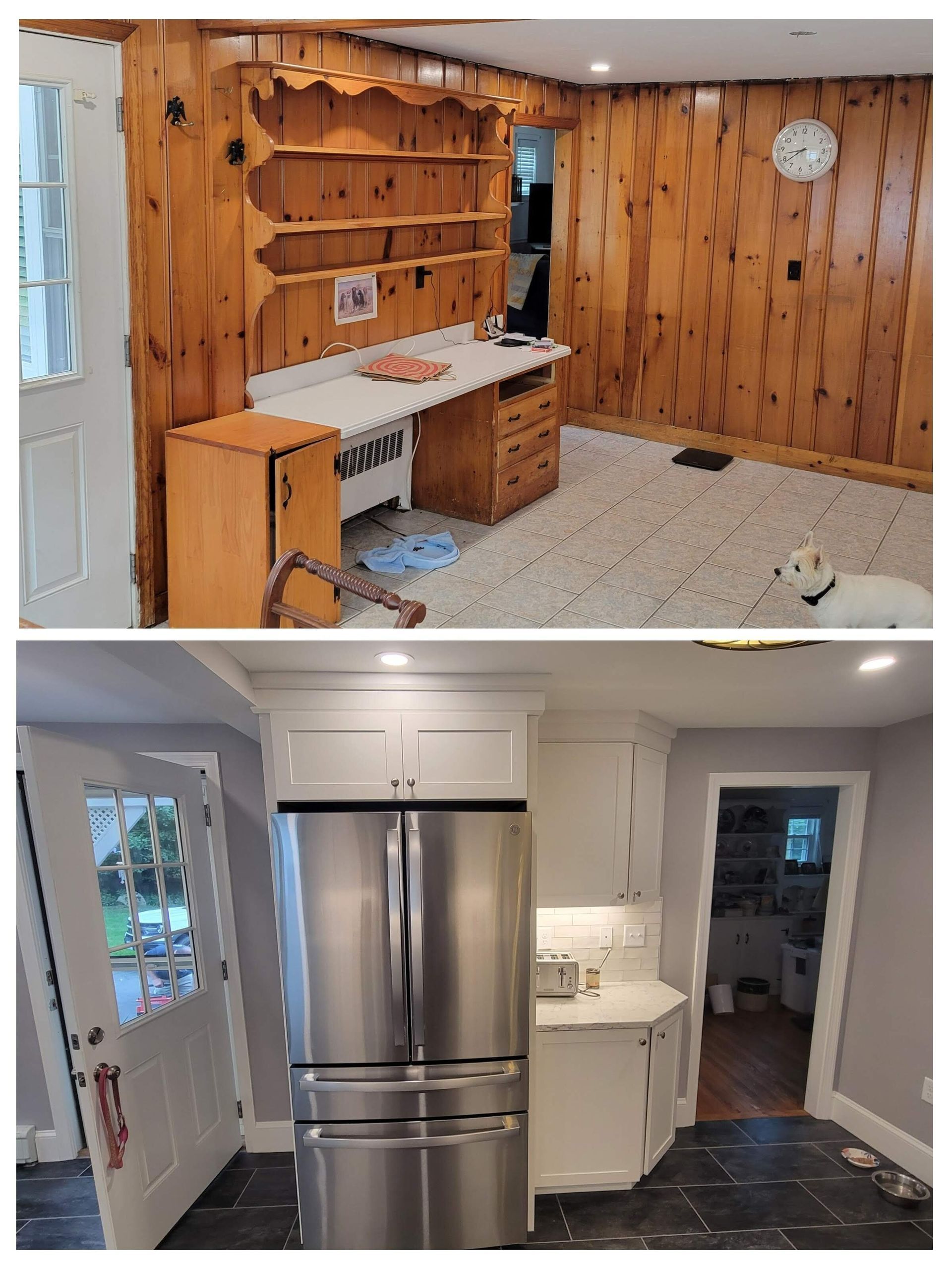Top: Old wooden room with desk and shelves. Bottom: Renovated kitchen with stainless steel refrigerator.