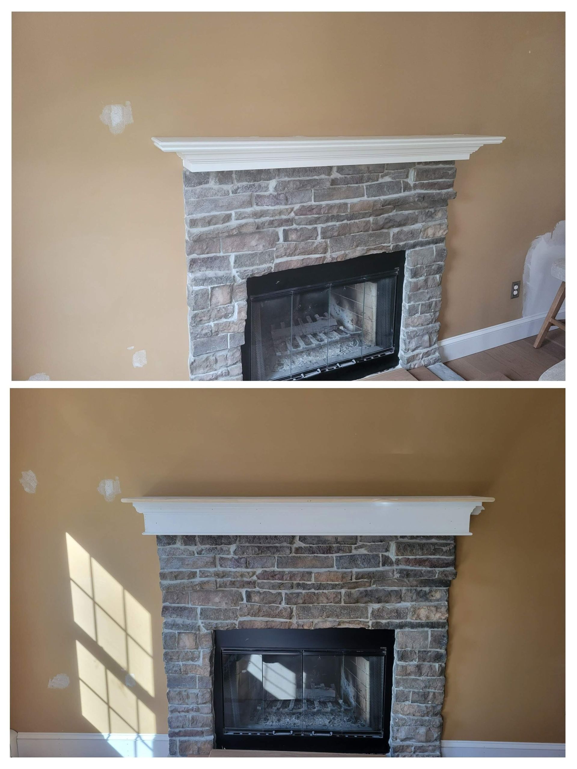 Two photos of a fireplace with stone facing and a white mantel, against a tan wall.