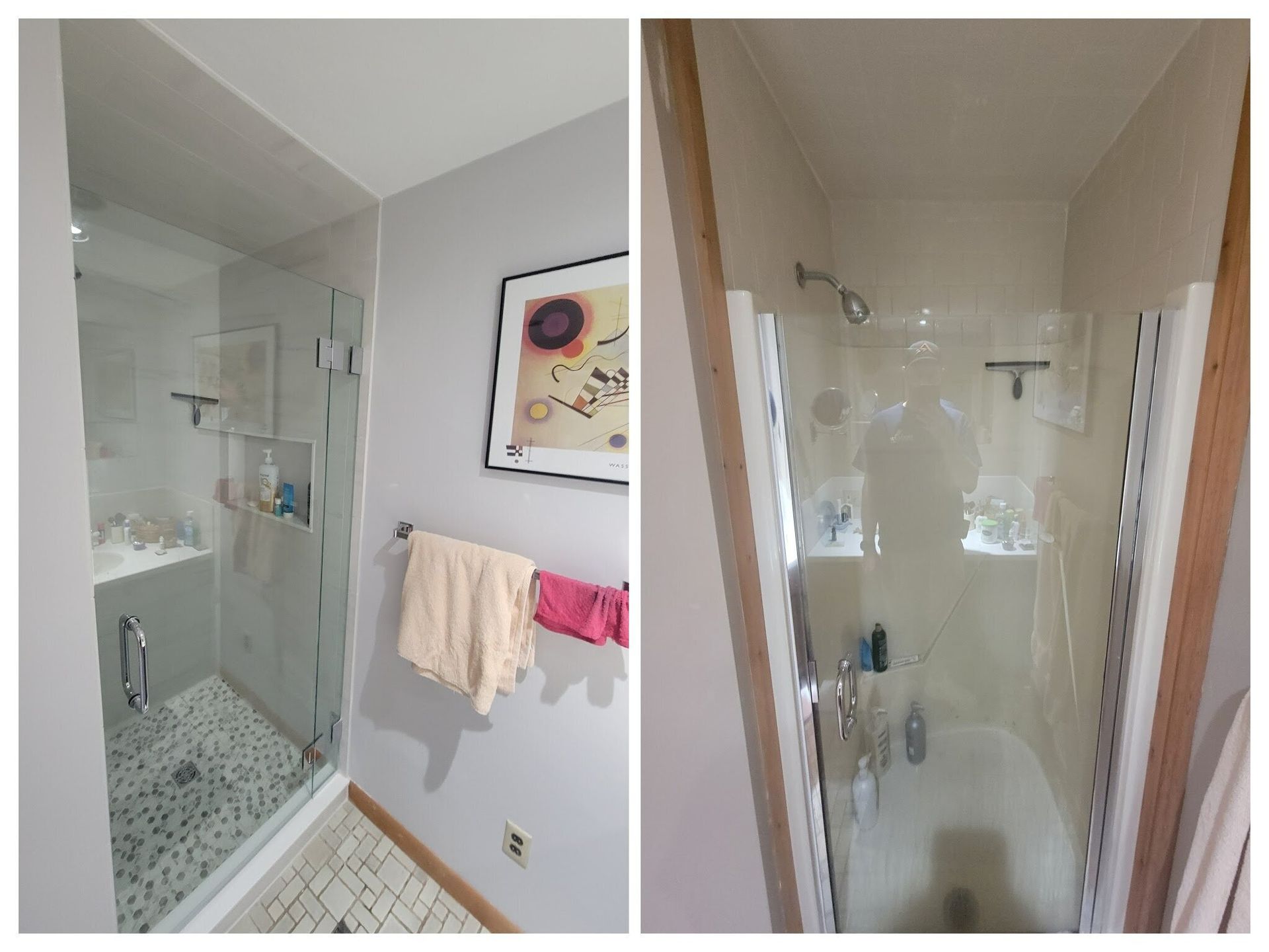 Two shower stalls: one with glass door and tile floor, the other with a shower curtain over a bathtub.