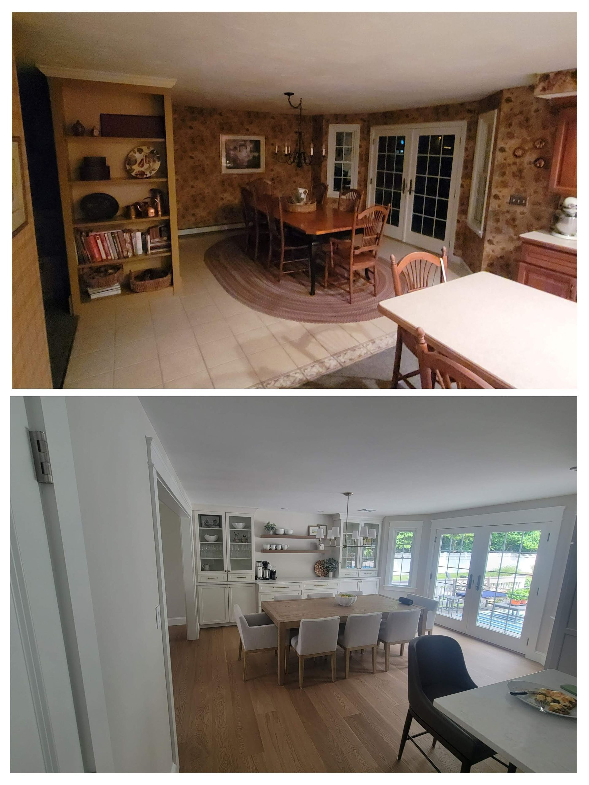 Before and after views of a dining room remodel. Old room has floral wallpaper and dark furniture; the new room is light and modern.
